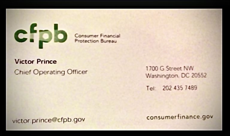 Business card of Victor Prince, Chief Operating Officer of the Consumer Financial Protection Bureau.