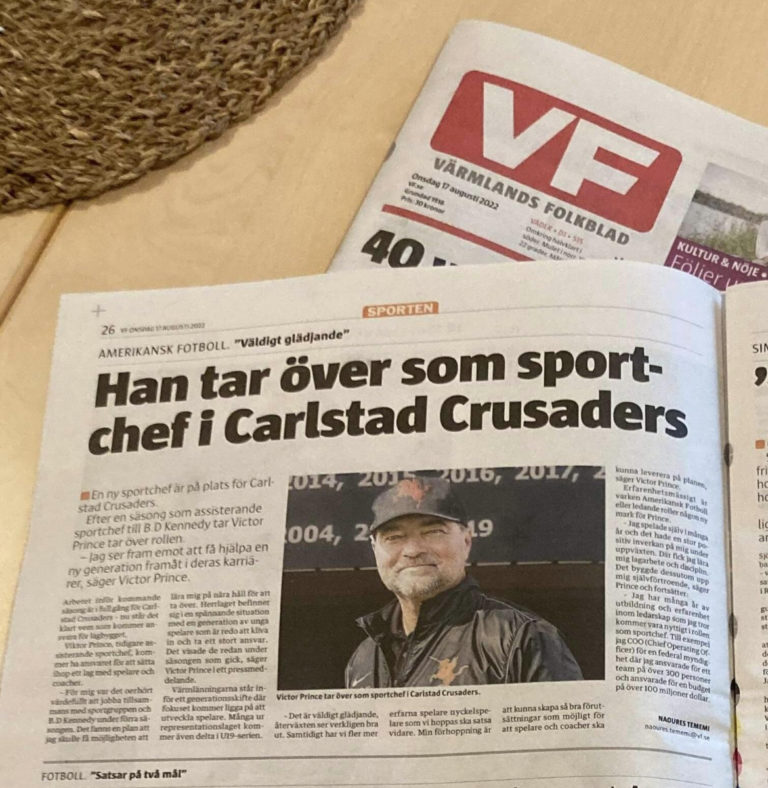 Newspaper story with photograph of Victor Prince being announced as new sportchef (General Manager) of the Carlstad Crusaders.