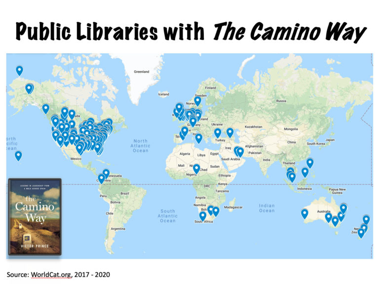 A map of the world with pins noting the location of library systems that have The Camino Way by Victor Prince in their holdings.